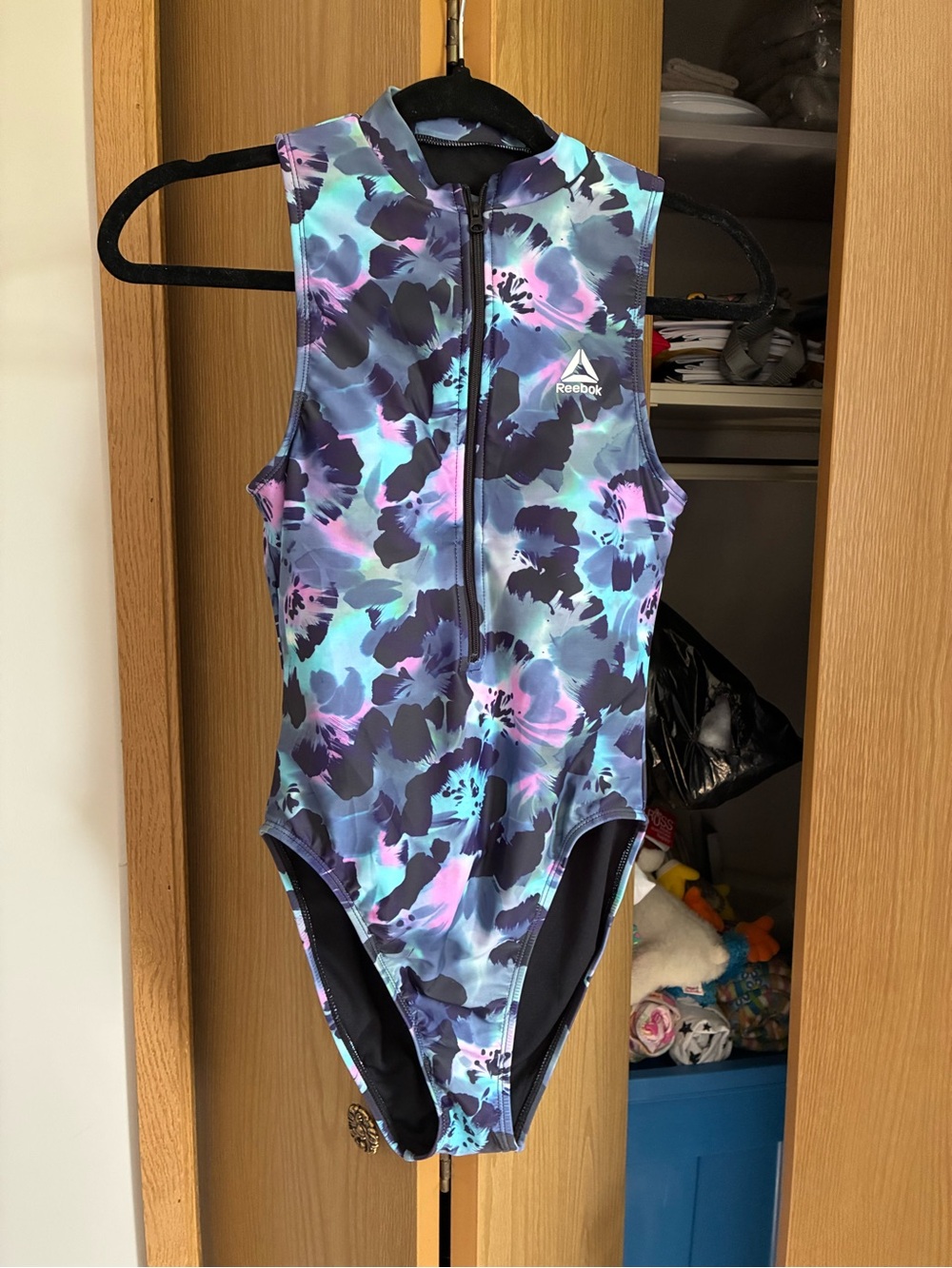 Reebok Girls Blue, Purple & Pink Floral Front-Zip One-Piece Swimsuit